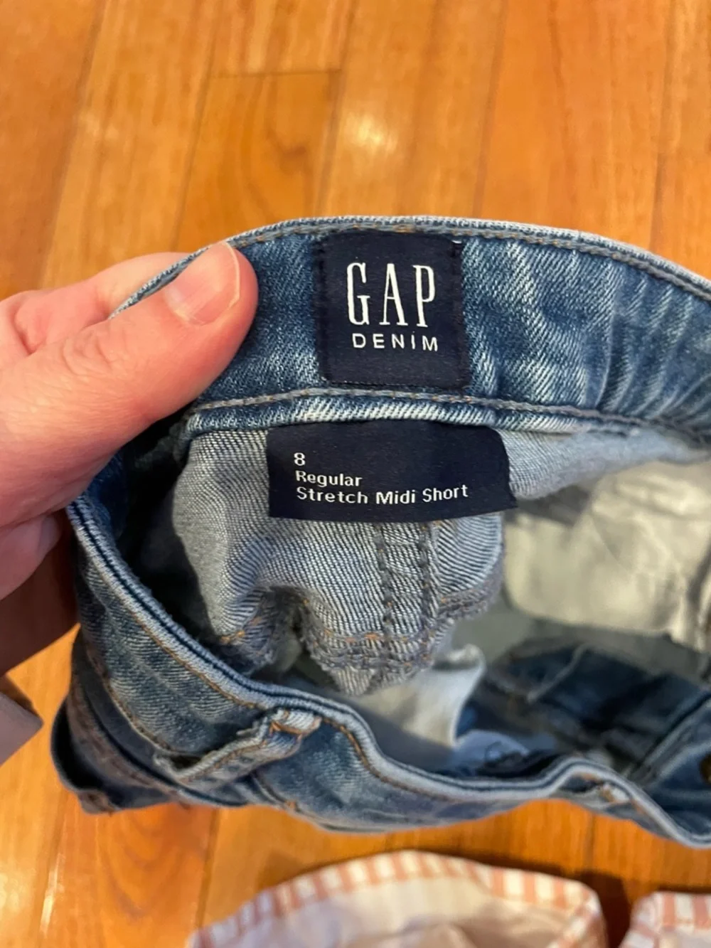 Two pairs of GAP denim Girls shorts, Striped Pink and White & denim